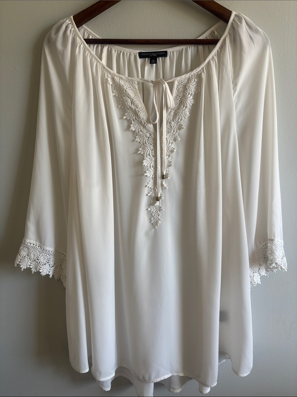 Signature Studio Woman 2X Ivory Lace Trim Peasant Tunic‎ Blouse Western Boho